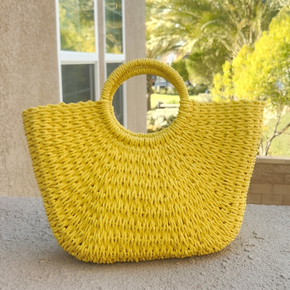 Yellow Woven Circle-Handle Tote Bag - Women